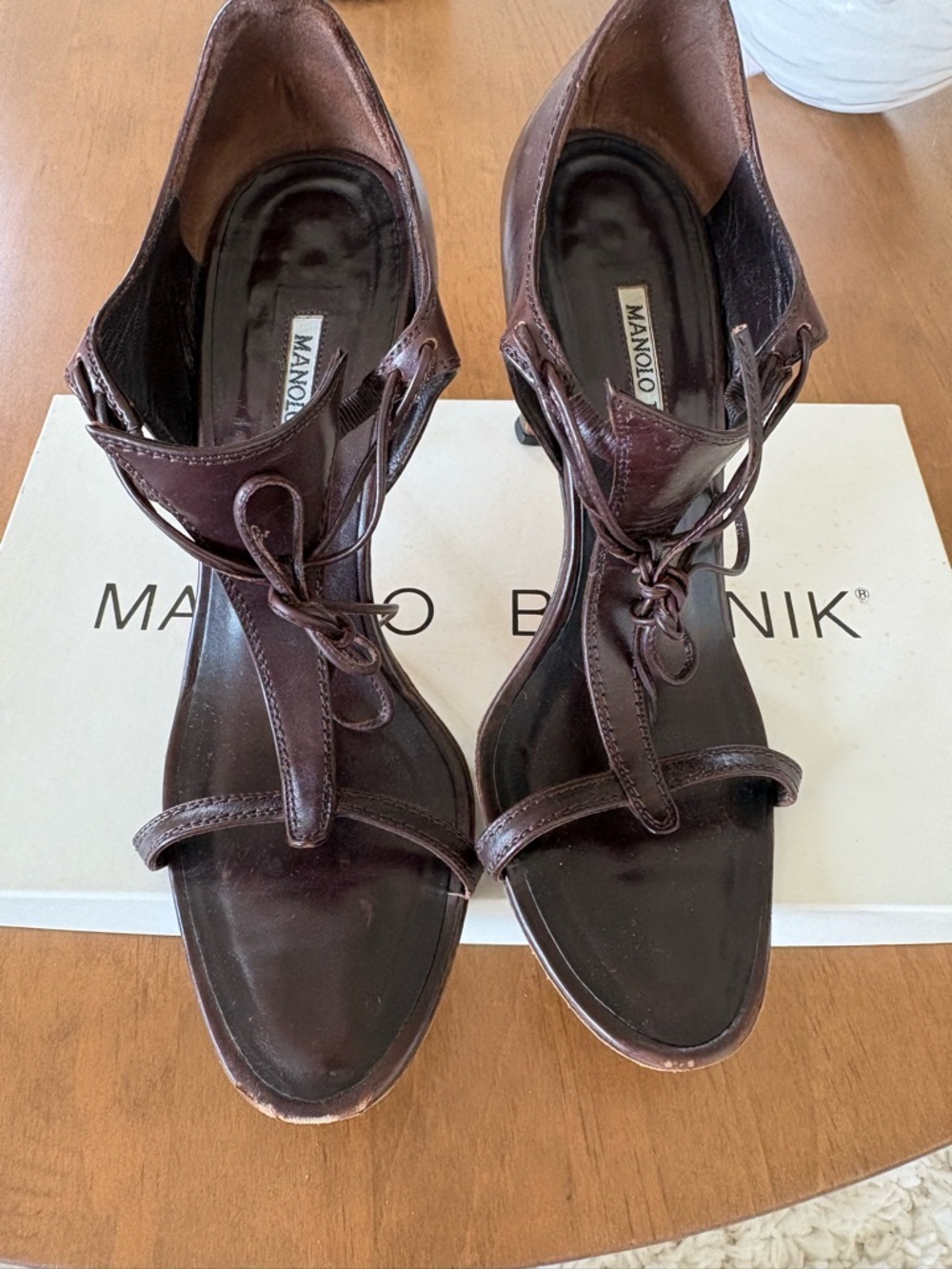 Manolo Blahnik Dark Brown Leather Lace-Up T-Strap Heels